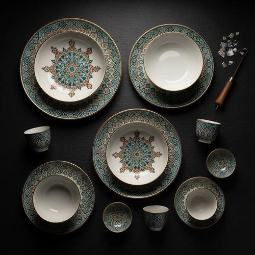 Nazifa ceramic dining set flat lay